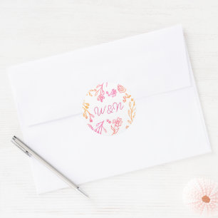 Roze Sinaasappel Eenvoudig Bloemenschrift Monogram Ronde Sticker