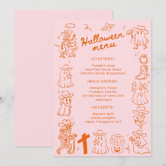 Roze Sinaasappel Eigenzinnige Hand getrokken Doodl Menu (Voorkant / Achterkant)