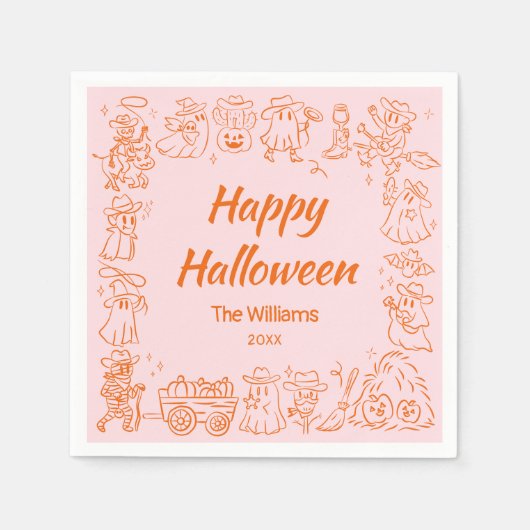 Roze Sinaasappel Eigenzinnige Hand getrokken Doodl Servet (Voorkant)