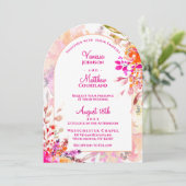 Roze Sinaasappel Elegante Bloemboog Vorm bruiloft Kaart (Staand voorkant)