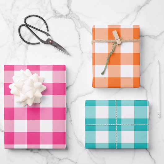 Roze Sinaasappel en Blauwe Gingham Check Plaid Inpakpapier Vel (Voorkant)
