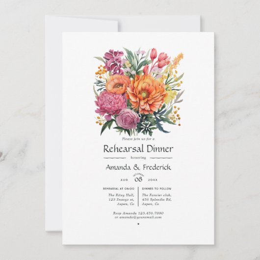 Roze, Sinaasappel en Groen Bloemenrepetitie Diner Kaart (Voorkant)