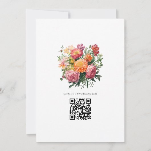 Roze, Sinaasappel en groene bloemenbruiloft Kaart (Achterkant)