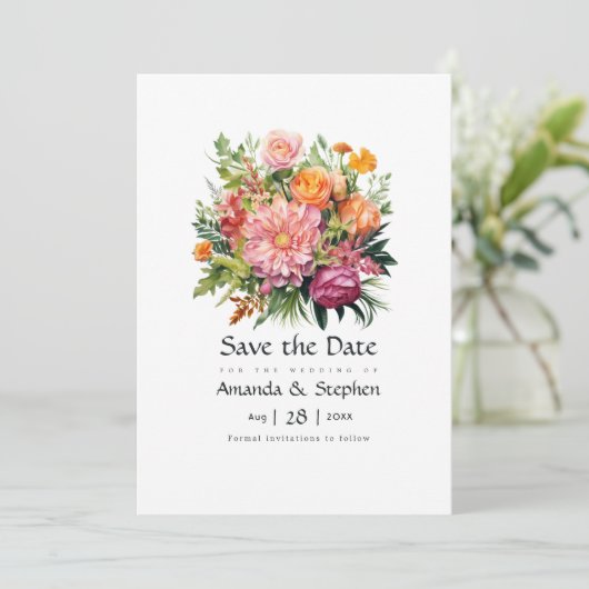 Roze, Sinaasappel en groene bloemenbruiloft Save The Date (Staand voorkant)