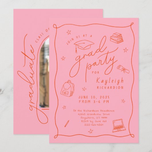 Roze Sinaasappel Foto Hand getrokken Afstudeerder Aankondiging (Voorkant / Achterkant)