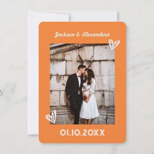 Roze Sinaasappel foto Retro 70s bruiloft bedankje Kaart (Achterkant)