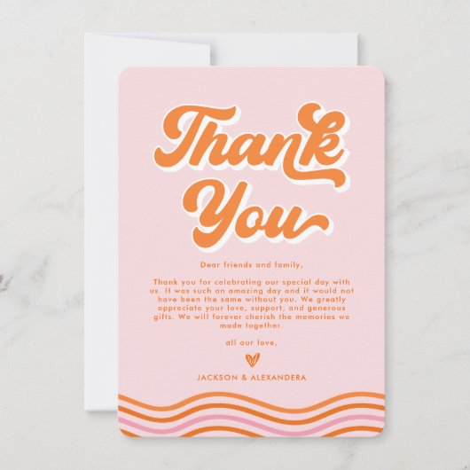 Roze Sinaasappel foto Retro 70s bruiloft bedankje Kaart (Voorkant)