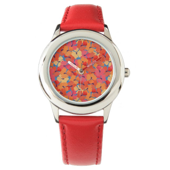 Roze Sinaasappel Geel Poppies Kinder Rood Polshorl Horloge (Voorkant)