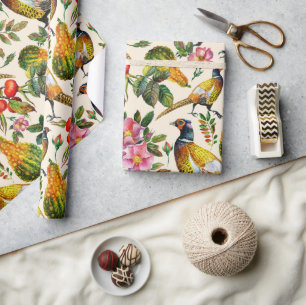 roze sinaasappel geel vogeltjes rozen bloemen cadeaupapier