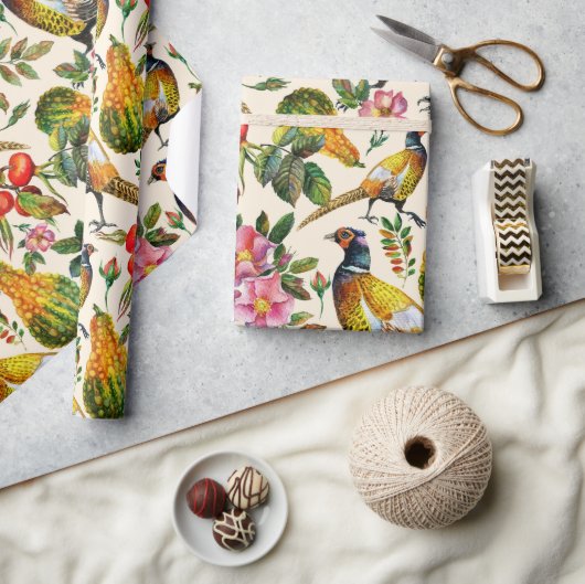  roze sinaasappel geel vogeltjes rozen bloemen cadeaupapier (Crafts)