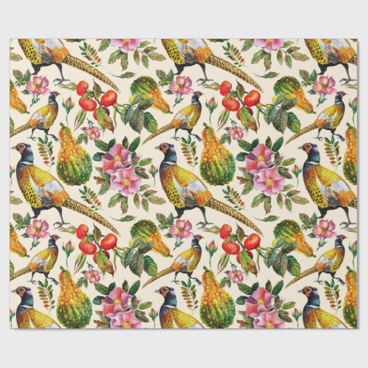  roze sinaasappel geel vogeltjes rozen bloemen cadeaupapier (Vlak)