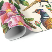  roze sinaasappel geel vogeltjes rozen bloemen cadeaupapier (Rol Hoek)