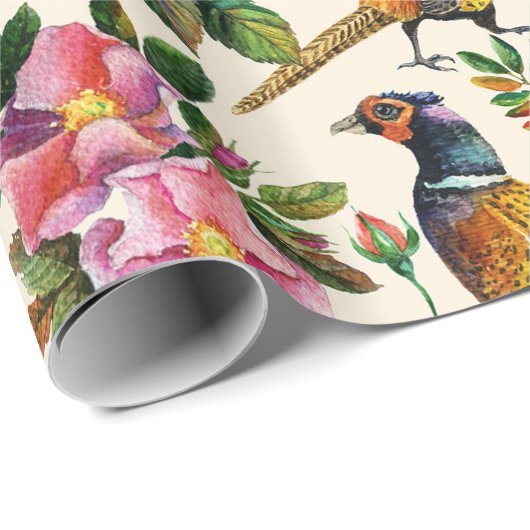  roze sinaasappel geel vogeltjes rozen bloemen cadeaupapier (Rol Hoek)