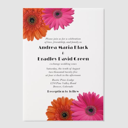 Roze Sinaasappel Gerbera Gerber Daisy Wedding Vellum Uitnodigingen (Voorkant)