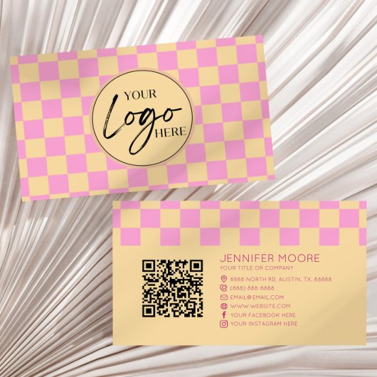 Roze Sinaasappel geruit Custom Company Logo QR Cod Visitekaartje