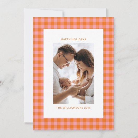  roze Sinaasappel geruite Schattigee plezier verti Feestdagenkaart (Voorkant)