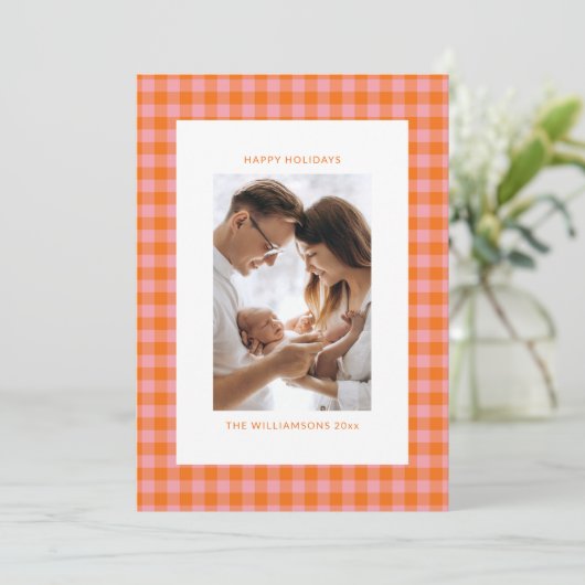 roze Sinaasappel geruite Schattigee plezier verti Feestdagenkaart (Staand voorkant)