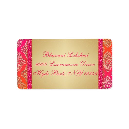 Roze Sinaasappel Goud Damask FAUX Glitter Adreslab Etiket (Voorkant)