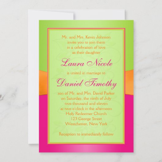 Roze, Sinaasappel, Groene Monogram Huwelijksuitnod Kaart (Achterkant)