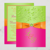 Roze, Sinaasappel, Groene Monogram Huwelijksuitnod Kaart (Voorkant / Achterkant)