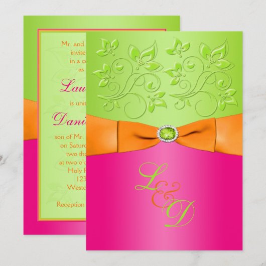 Roze, Sinaasappel, Groene Monogram Huwelijksuitnod Kaart (Voorkant / Achterkant)