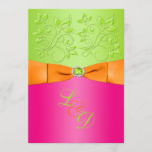 Roze, Sinaasappel, Groene Monogram Huwelijksuitnod