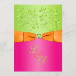 Roze, Sinaasappel, Groene Monogram Huwelijksuitnod Kaart