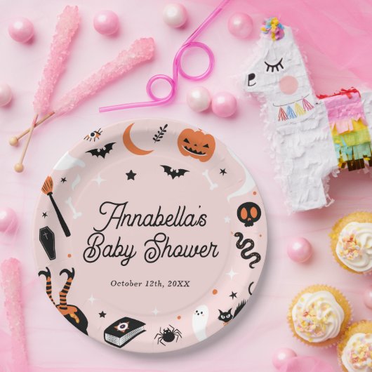 Roze Sinaasappel Halloween Baby shower Papieren Bordje (Feest)