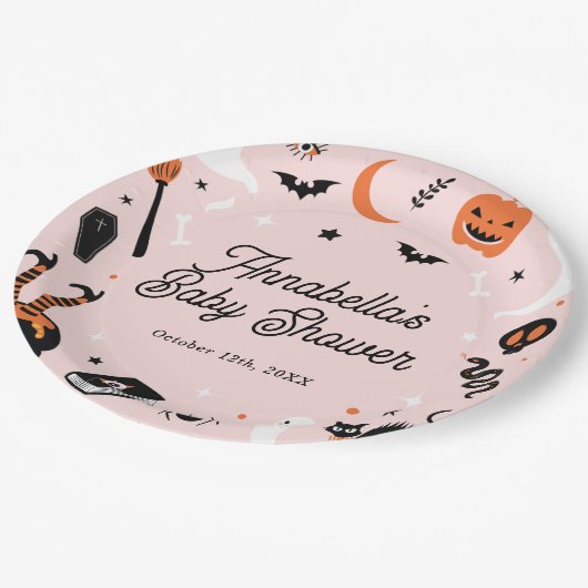 Roze Sinaasappel Halloween Baby shower Papieren Bordje (Gekanteld)