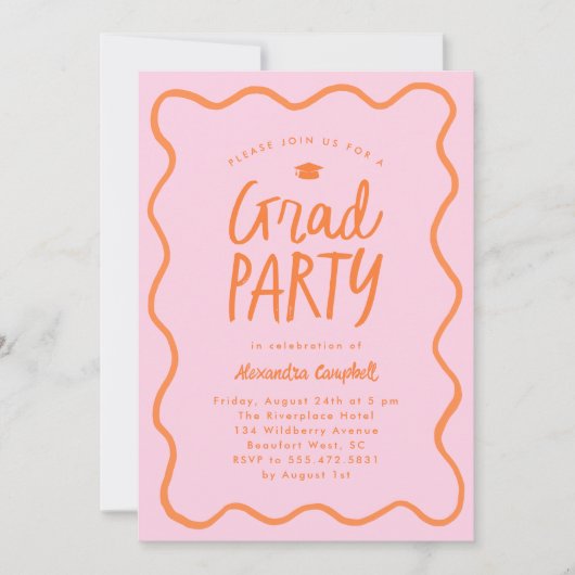 Roze Sinaasappel Hand Drawn Squiggle Afstudeerfees Kaart (Voorkant)