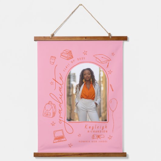 Roze Sinaasappel Hand getekend Foto Afstuderen Hangend Wandkleed (Voorkant)