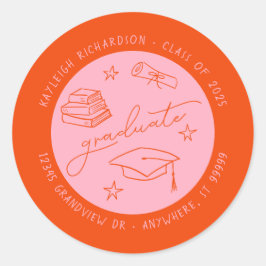 Roze Sinaasappel Hand getrokken Afstuderen envelop Ronde Sticker