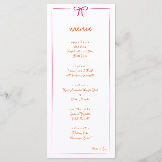 Roze & Sinaasappel Hand getrokken Bow Lijst Weddin Menu (Voorkant)