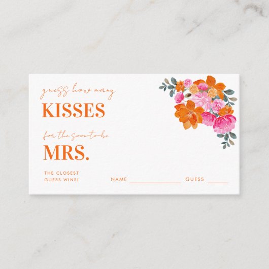 Roze & Sinaasappel Hoeveel kussen Vrijgezellenfees Informatiekaartje (Voorkant)