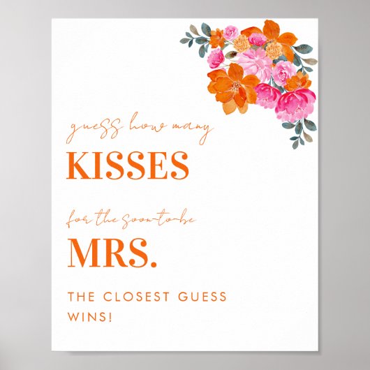 Roze & Sinaasappel Hoeveel kussen Vrijgezellenfees Poster (Voorkant)