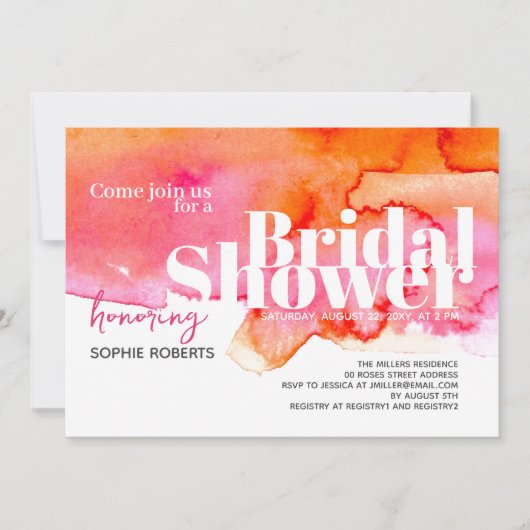 Roze Sinaasappel Kleur Splash QR Code Vrijgezellen Kaart (Voorkant)