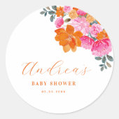 Roze & Sinaasappel Levendig Zomer Bloemen Baby sho Ronde Sticker (Voorkant)