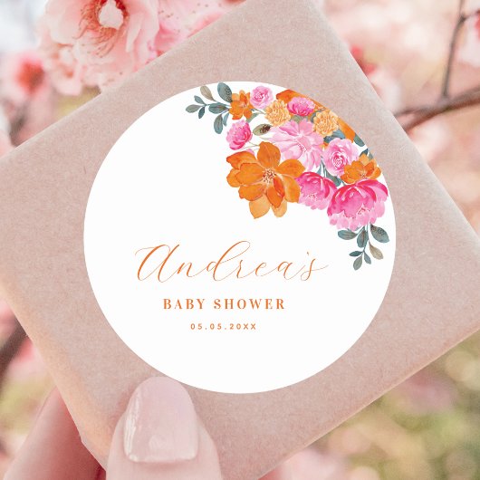 Roze & Sinaasappel Levendig Zomer Bloemen Baby sho Ronde Sticker