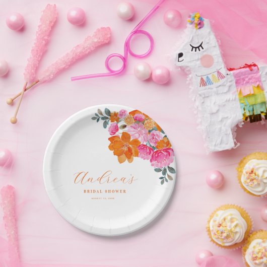 Roze & Sinaasappel Levendig Zomer Bloemen Vrijgeze Papieren Bordje (Feest)