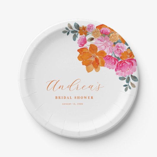 Roze & Sinaasappel Levendig Zomer Bloemen Vrijgeze Papieren Bordje (Voorkant)