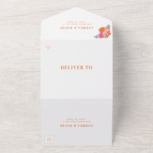 Roze Sinaasappel Levendige Zomer Bloemen QR Code B All In One Uitnodiging (Buitenkant)