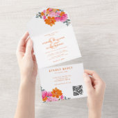 Roze Sinaasappel Levendige Zomer Bloemen QR Code B All In One Uitnodiging (Afscheurbaar)