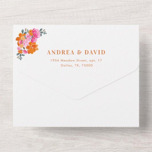 Roze Sinaasappel Levendige Zomer Bloemen QR Code B All In One Uitnodiging (Achterkant)