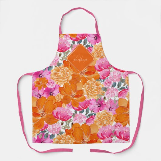 Roze & Sinaasappel Levendige Zomertuin Monogram Bl Schort (Voorkant)