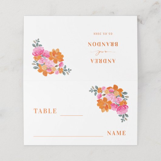 Roze & Sinaasappel Levendige Zomertuin Trouwtafel Plaatskaartje (Buitenkant ongevouwen)