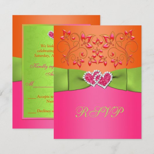 Roze, Sinaasappel, Limoen Bloemen Gevoegde harten  RSVP Kaartje (Voorkant / Achterkant)