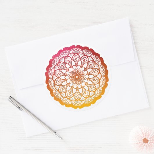 roze sinaasappel mandala ronde sticker (Envelop)