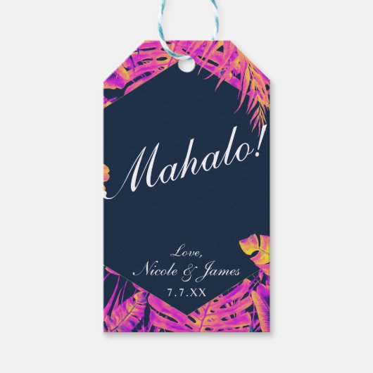 Roze Sinaasappel Navy Tropische palmbladeren Bruil Cadeaulabel (Voorkant)