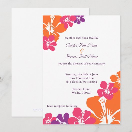 Roze Sinaasappel Paarse Hibiscus Hawaïaanse bruilo Kaart (Voorkant / Achterkant)