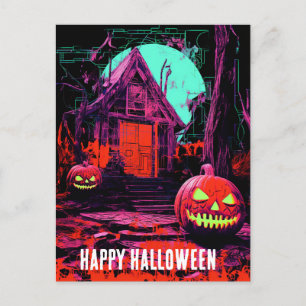 Roze Sinaasappel Paarse spookhuis Halloween Huis Briefkaart